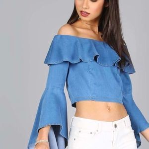 Mebon NWT Denim Off The Shoulder Ruffle Crop Top Womens S Bell Sleeve